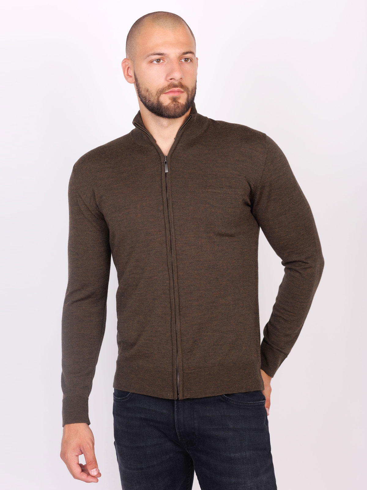 Mens cardigan in khaki melange 28129 clothing for men online STYLER