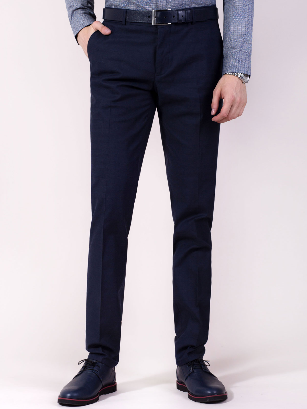Formal Trouser: Check Men Navy Blue Cotton Formal Trouser at Cliths