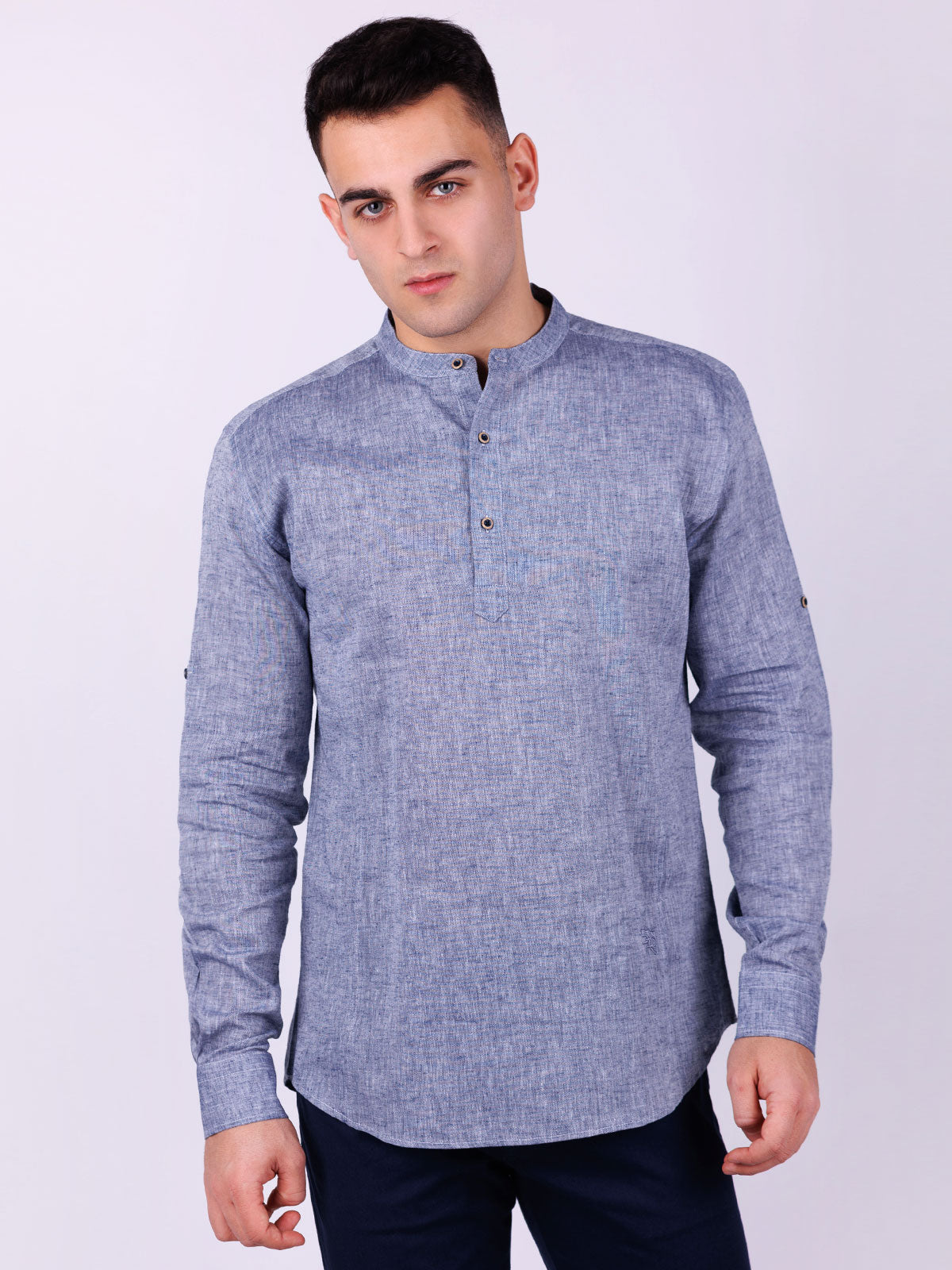 Ленена мъжка риза сиво-син меланж