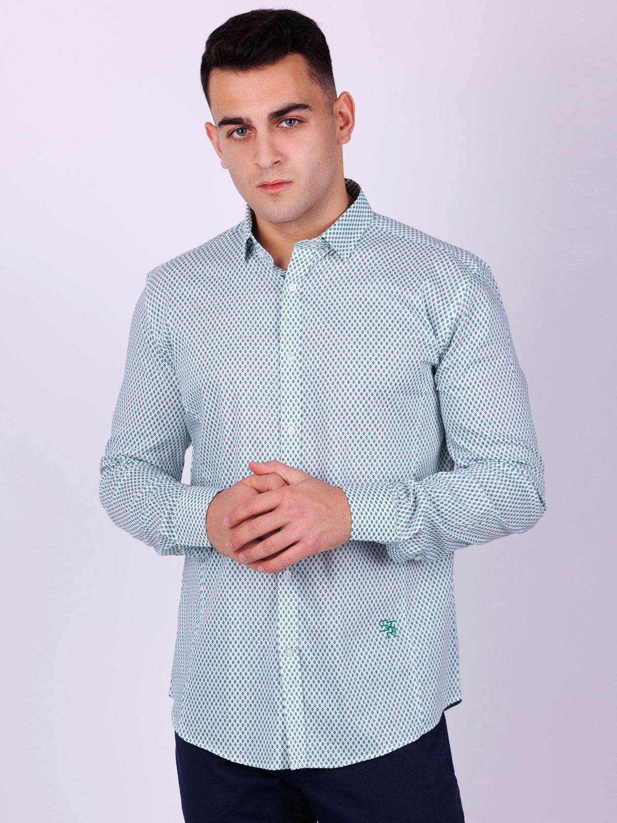 Памучна риза в зелен принт