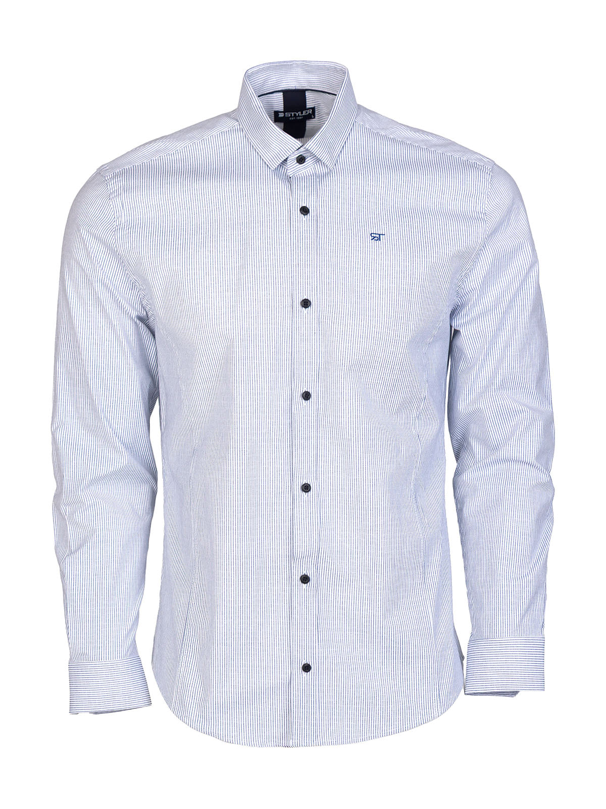 Бяла риза на тъмно синьо райе