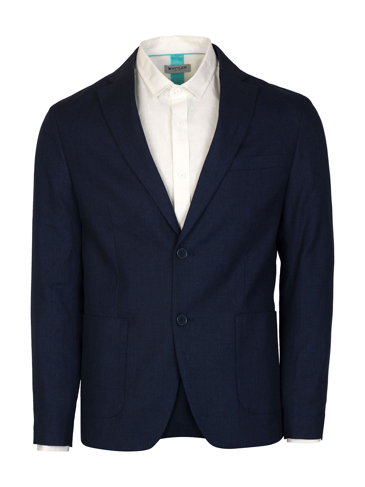 Тъмно синьо меланжирано ленено сако