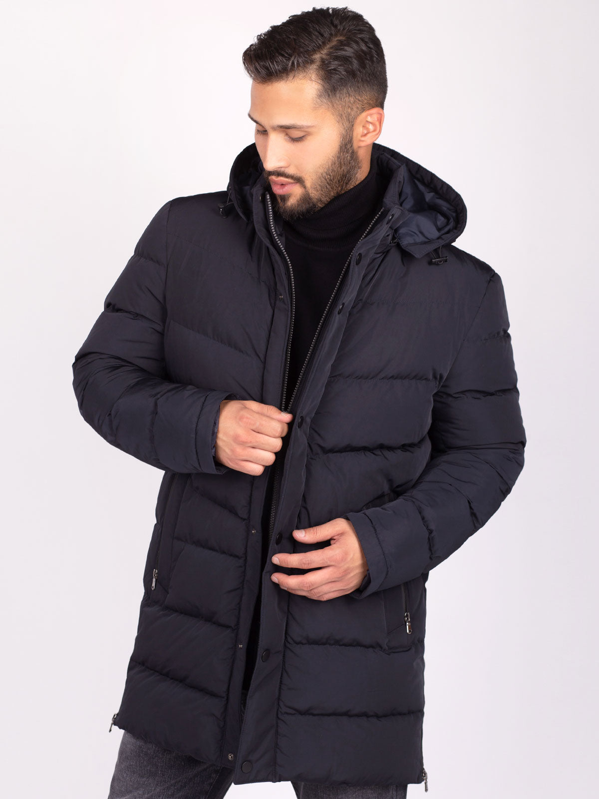 Тъмно синьо дълго яке с качулка