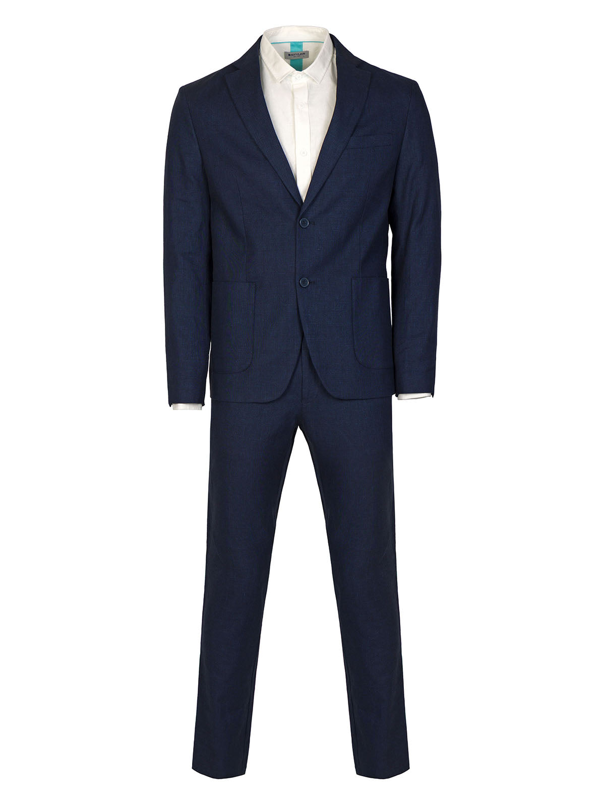 Мъжки ленен костюм в тъмно син меланж