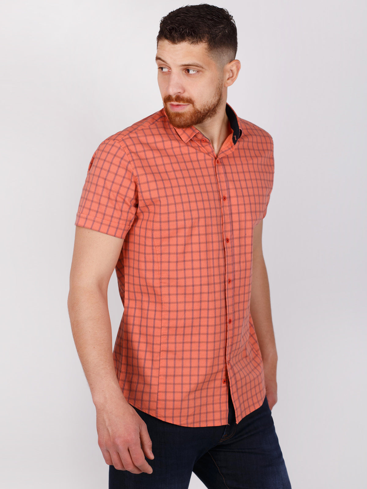 Риза в оранжево на синьо каре