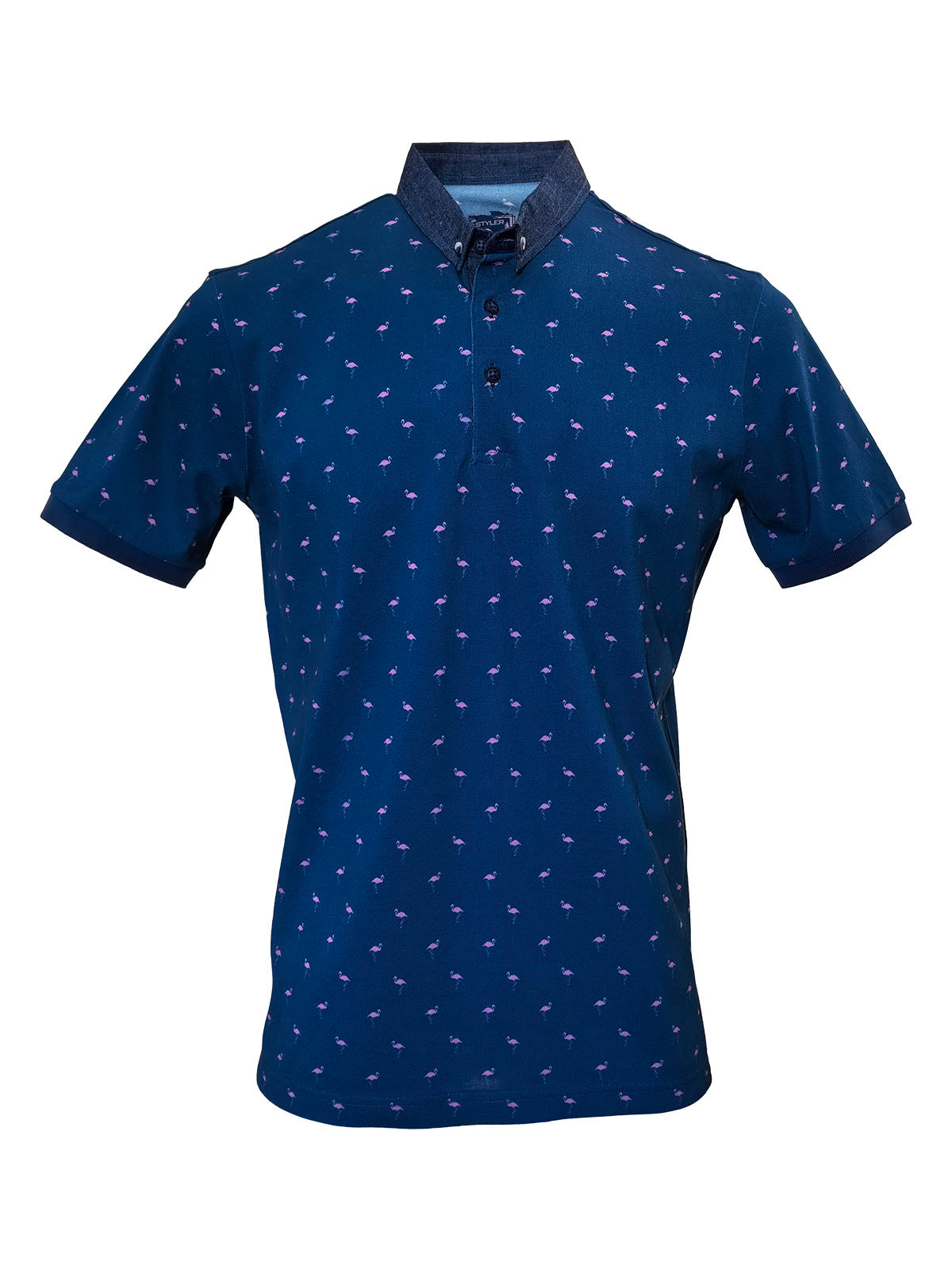 Мъжка тениска в тъмно синьо с фламинго